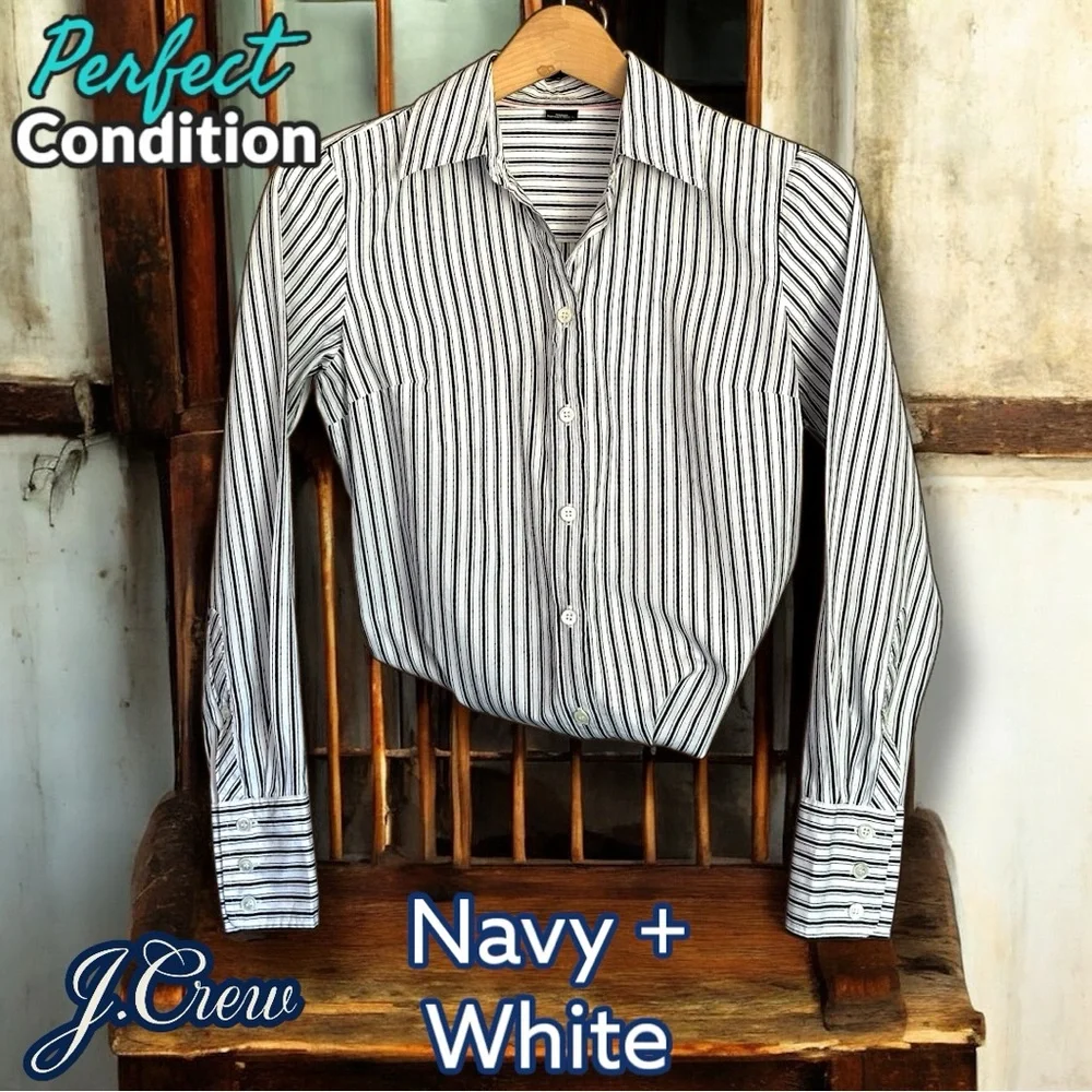 Like New 🌸 J Crew Navy and White Striped Button-Down Shirt Slim Fit, Kathryn Cut - Picture 13 of 17